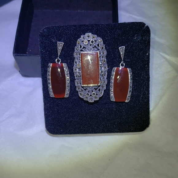 Old Silver 925 Jewelry Set,Carnelian Stone,Marcasite.Ring Size8. - Picture 6 of 10